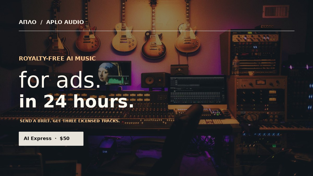 APLO Audio project preview: warm-lit recording studio with its live site-inspired campaign headline