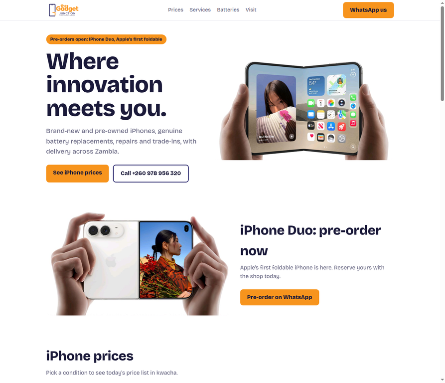 Live website preview for The Gadget Junction: Lusaka phone retailer with product imagery and orange calls to action