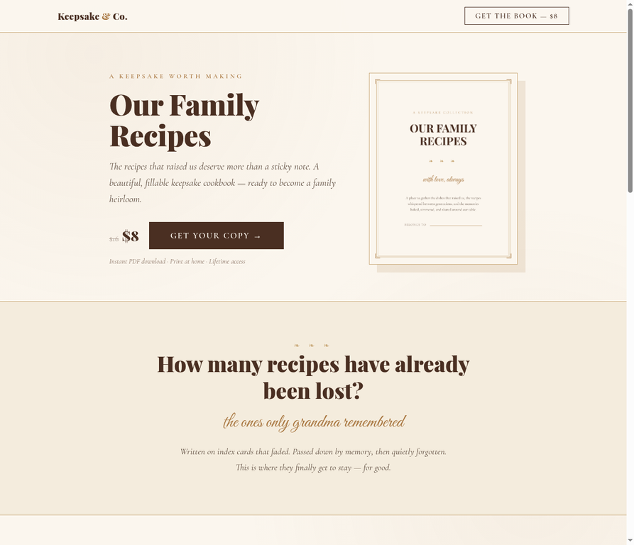 Live Keepsake & Co. landing page preview for the Our Family Recipes keepsake cookbook